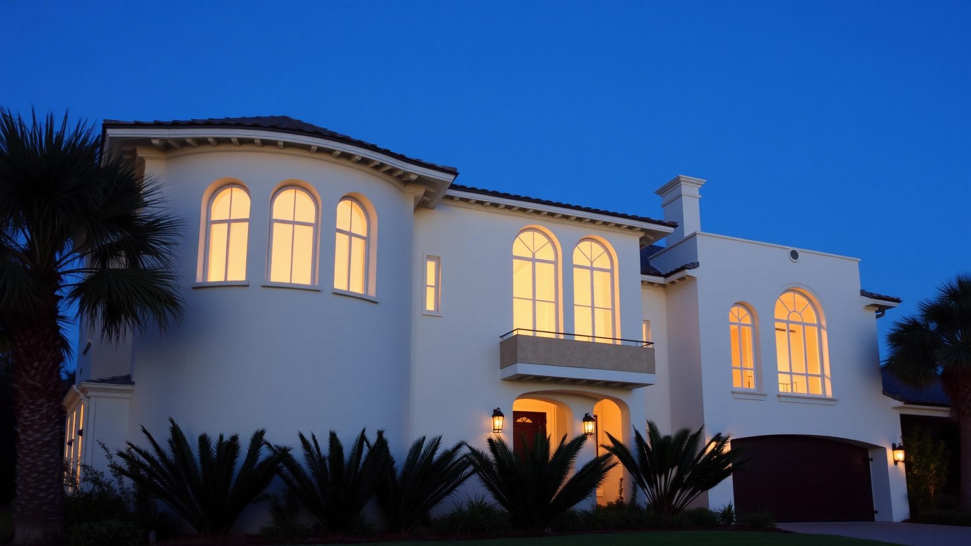 Coastal architecture and courtyard landscaping along the 30A corridor in Florida